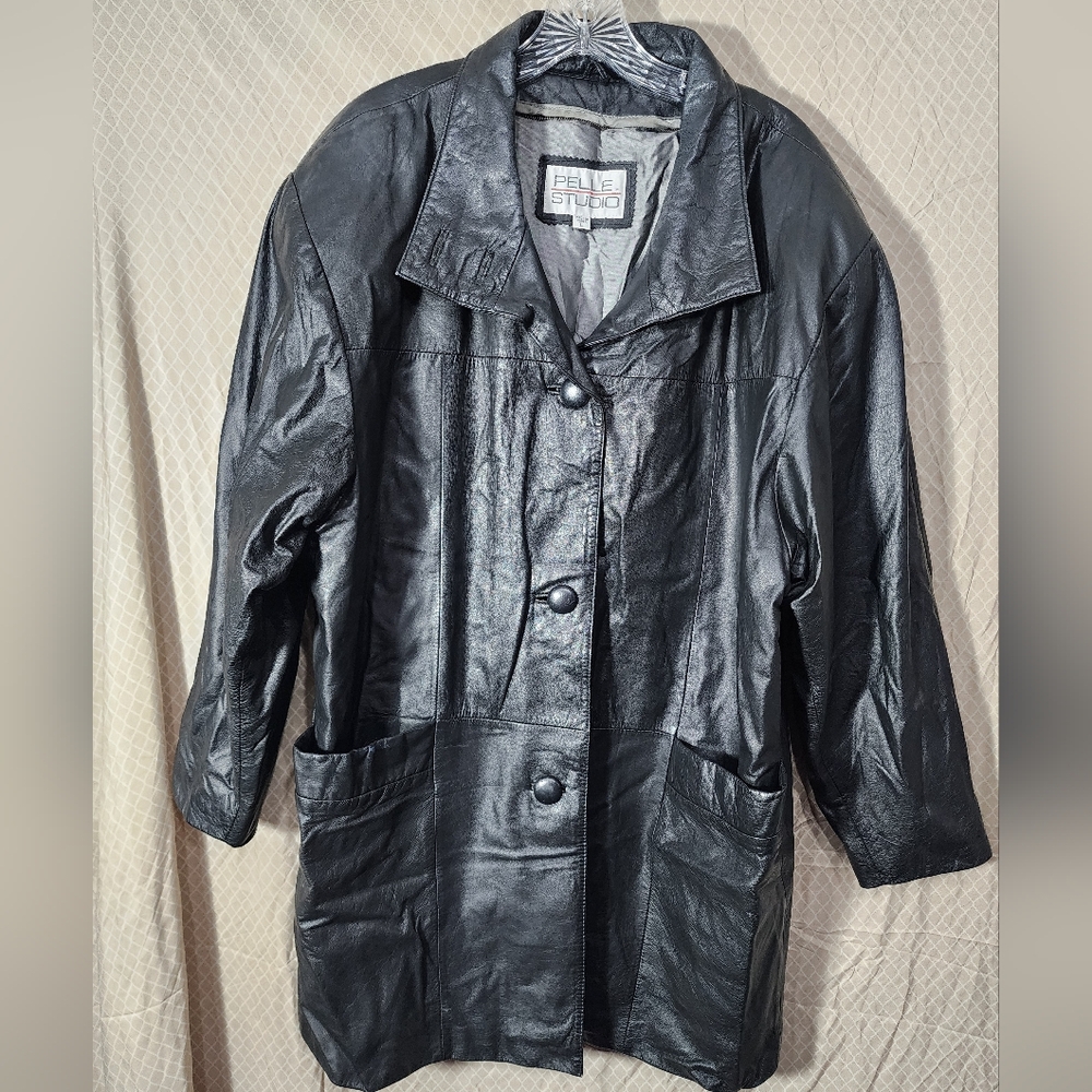 Vintage Pelle Studio Black Leather Coat Large Button Men's Large